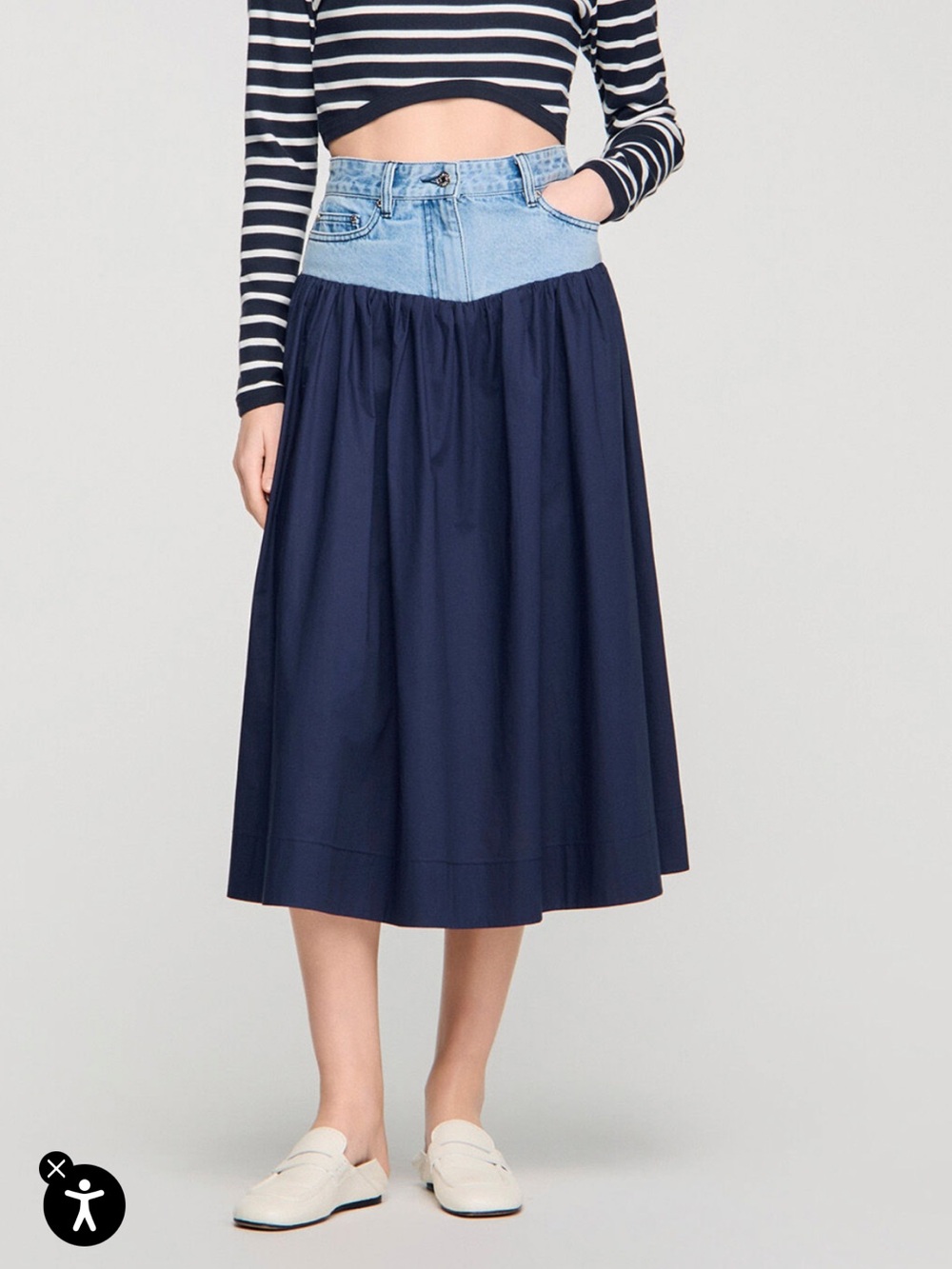 Sandro Two-Tone Navy and Light Denim Midi Skirt